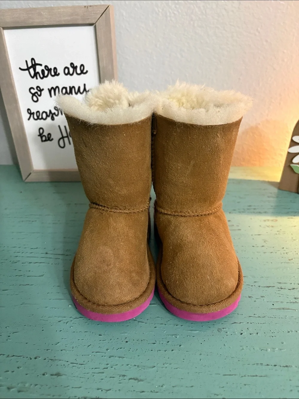 UGG Kids Chestnut Suede Boots with Pink Soles